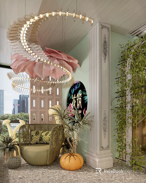 Elegant Interior Design With Pink Flower Chandelier Green Plants And Golden Decorations 3d model 