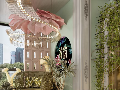 Elegant Interior Design With Pink Flower Chandelier Green Plants And Golden Decorations 3d model