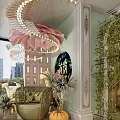 Elegant Interior Design With Pink Flower Chandelier Green Plants And Golden Decorations