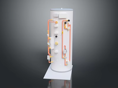 Cylindrical Industrial Equipment With White Body Base And Orange Yellow Pipes Valves Connections 3d model
