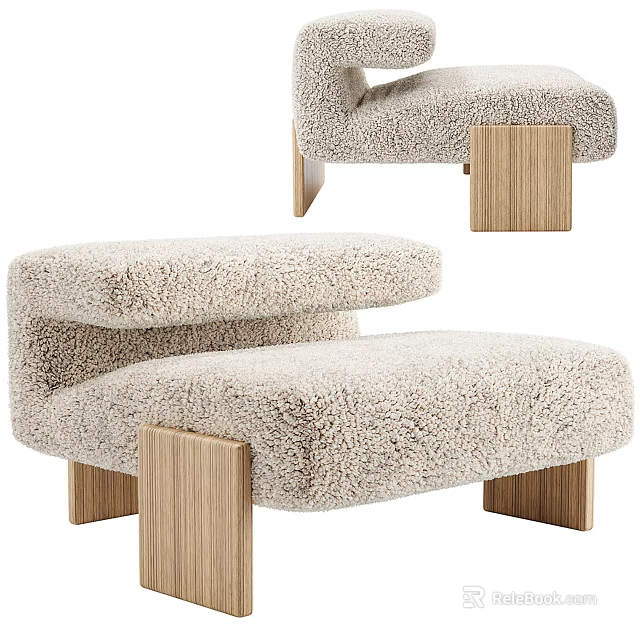 Plush Beige Armchair With Curved Design And Wooden Legs In Modern Style 3d model 