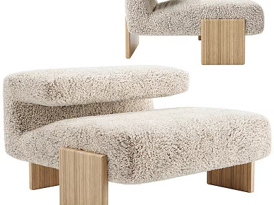 Plush Beige Armchair With Curved Design And Wooden Legs In Modern Style 3d model