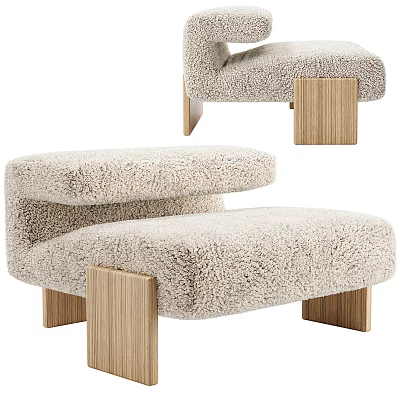 Plush Beige Armchair With Curved Design And Wooden Legs In Modern Style 3d model
