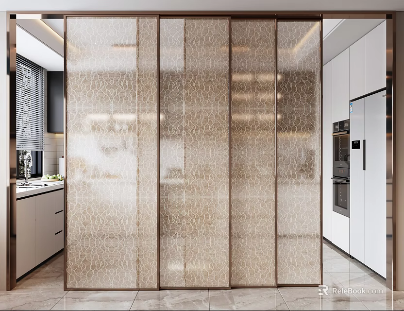 Modern Kitchen Interior With Patterned Glass Sliding Doors And White Cabinets 3d model