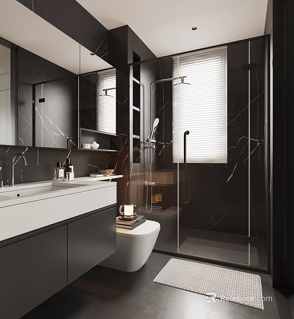 Modern Black Bathroom Interior With Large Mirrors White Vanity Glass Shower Enclosure And Marble Walls 3d model