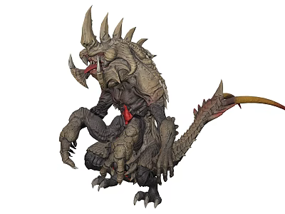 Fierce Mythical Creature Character In Crouching Posture With Spiked Armor Claws Scaled Body Red Tail 3d model