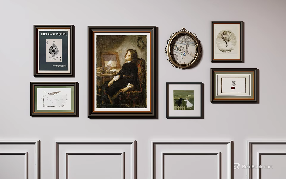 Elegant Wall with Framed Art Portrait and Various Decorative Frames 3d model