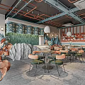 Modern Café Interior Featuring Green Plants Pendant Lights And Comfortable Seats Tables