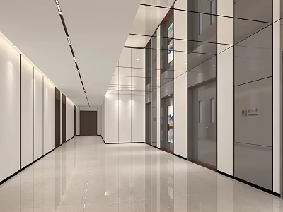 Modern Elevator Hallway With Glass Partitions Sleek Flooring White Walls And Recessed Lighting 3d model