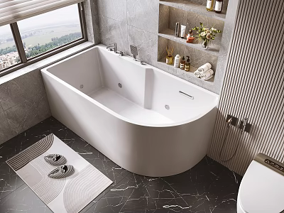 Modern Freestanding White Bathtub by Window in Grey Bathroom with Shelf Toiletries and Bath Mat 3d model