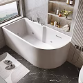 Modern Freestanding White Bathtub by Window in Grey Bathroom with Shelf Toiletries and Bath Mat