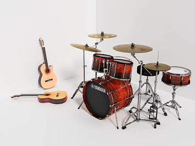 Wooden Acoustic Guitar Yamaha Drum Set And Small Guitar Musical Instruments 3d model