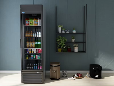 Elegant Tableware Set With Coffee Machine Refrigerator Trash Can And Potted Plants In Modern Kitchen 3d model