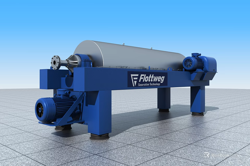 Flottweg Industrial Horizontal Decanter Centrifuge With Blue Base And Silver Drum 3d model 