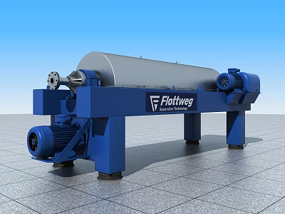 Flottweg Industrial Horizontal Decanter Centrifuge With Blue Base And Silver Drum 3d model