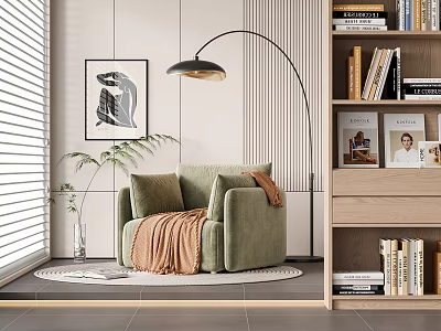 Green Single Sofa With Brown Blanket Floor Lamp Striped Wall Round Rug And Bookshelf 3d model