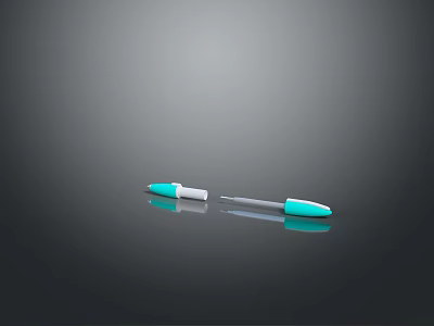 White and Blue Ballpoint Pen on Black Background with Reflective Surface 3d model