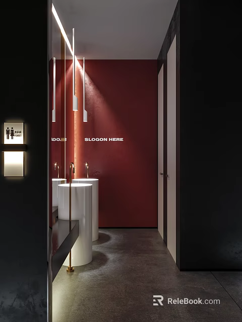 Modern Public Restroom Interior Design With Red Walls White Sinks Mirrors And Lighting 3d model 