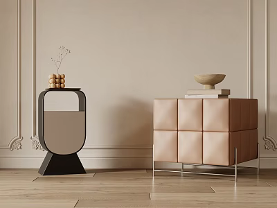 Elegant Modern Leather Upholstered Nightstand With Square Tufted Design Bowl And Books On Metal Legs 3d model