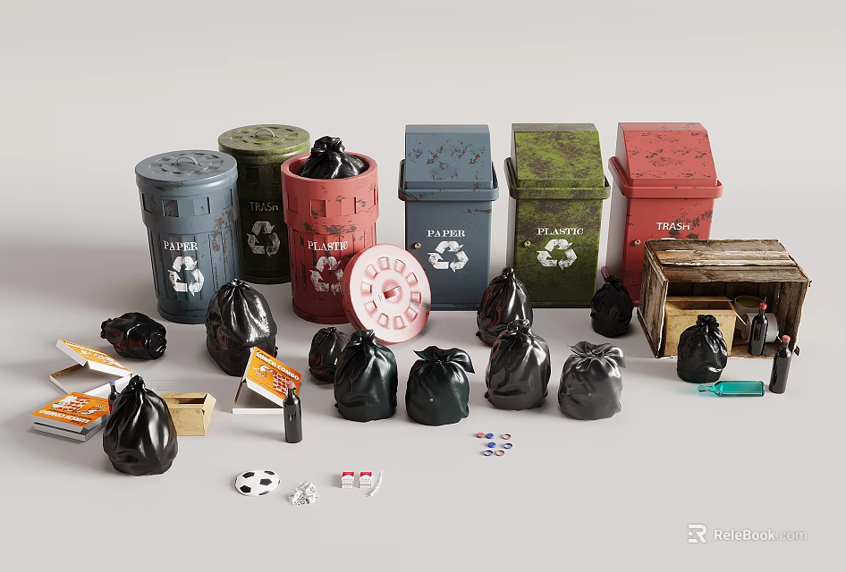 Various Colored Waste Bins With Black Trash Bags And Recycling Labels 3d model 