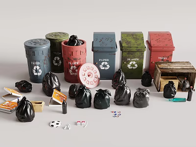 Various Colored Waste Bins With Black Trash Bags And Recycling Labels 3d model