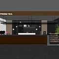 Modern Coffee Shop With Coffee Tea Sign Golden Bar Counter Shelves And Green Plant