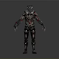 Futuristic Game Movie Character With Mechanical Armor Red Black Details And Complex Tech Structure