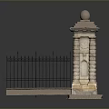 Scenic Landscape Featuring Historic Stone Pillar Black Iron Fence Spherical Top and Detailed Base