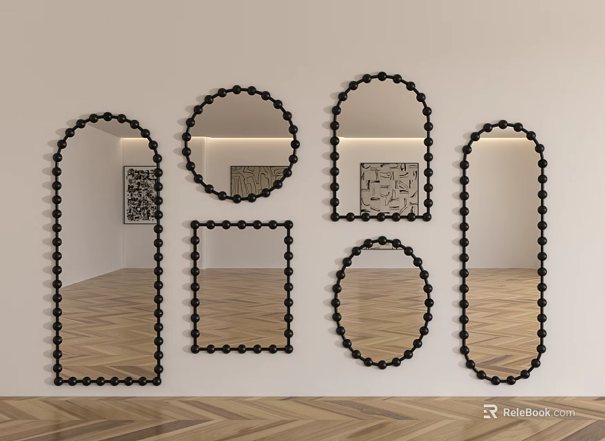 Various Shaped Mirrors With Black Beaded Frames Mounted on White Wall and Herringbone Wood Floor 3d model 