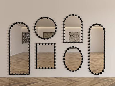 Various Shaped Mirrors With Black Beaded Frames Mounted on White Wall and Herringbone Wood Floor 3d model