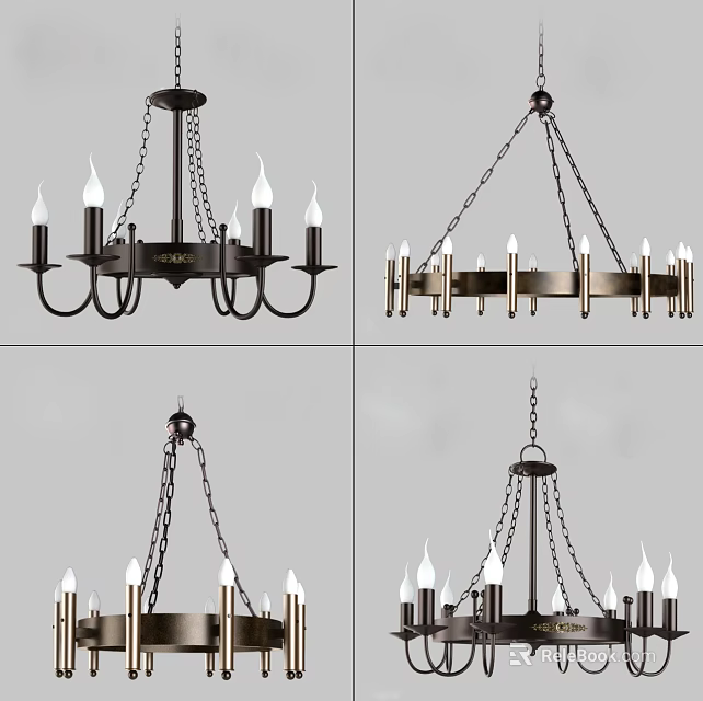 Modern Industrial Chandelier Designs With Metal Frame And Candle Shaped Lights 3d model 