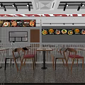 Restaurant Interior With Tables Chairs Wall Menu Displays And Red Ceiling Decorations 3d model