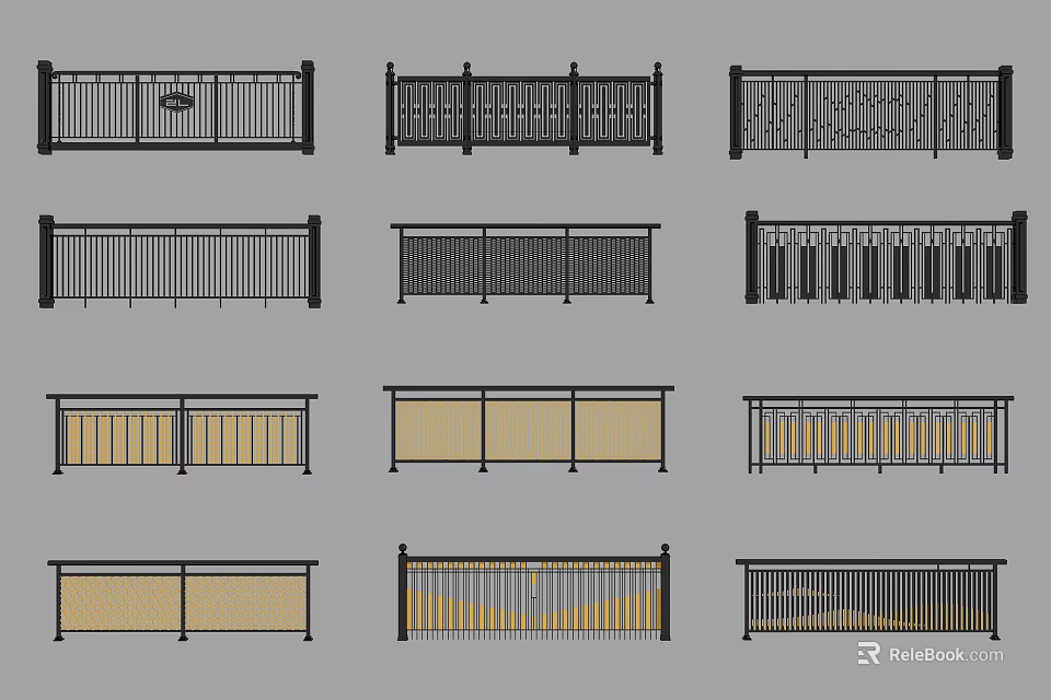 Various Decorative Fence Designs Featuring Metal Structures And Patterned Details 3d model