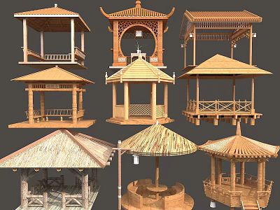 Traditional Chinese Wooden Pavilions With Various Classic Roof Designs And Structures 3d model