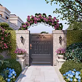 Elegant Iron Gate With Arched Purple Flower Trellis Stone Pillars Wall Lamps And Garden Greenery
