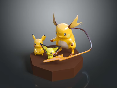 Pokemon Character Figures In Yellow With Different Sizes On Brown Hexagonal Base 3d model