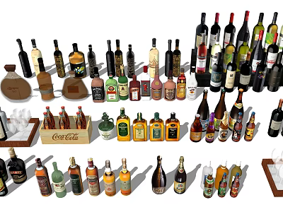 Various Types of Wine Bottles and Glasses Arranged in Display Collection 3d model