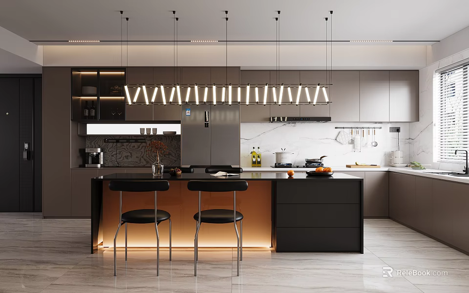 Modern Restaurant Kitchen Interior With Island Counter Bar Stools And Hanging Lights 3d model 