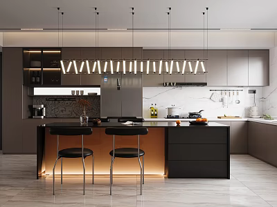 Modern Restaurant Kitchen Interior With Island Counter Bar Stools And Hanging Lights 3d model