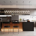 Modern Restaurant Kitchen Interior With Island Counter Bar Stools And Hanging Lights