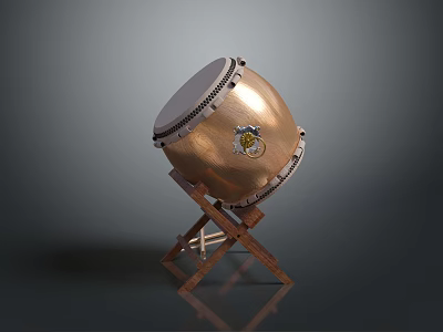 Brass Musical Drum With White Drumhead On Wooden Stand And Emblem 3d model