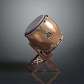 Brass Musical Drum With White Drumhead On Wooden Stand And Emblem