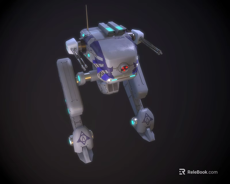 Intelligent Machine With Blue Gray Body Mechanical Legs Weapon Systems Green Glow And Red Sensor 3d model 