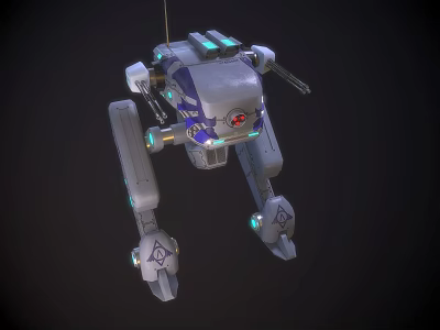 Intelligent Machine With Blue Gray Body Mechanical Legs Weapon Systems Green Glow And Red Sensor 3d model