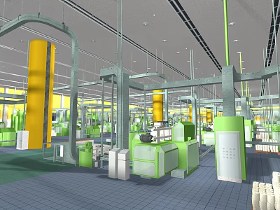 Industrial Factory Interior With Green Yellow Machinery And Production Lines Structure 3d model