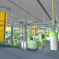 Industrial Factory Interior With Green Yellow Machinery And Production Lines Structure
