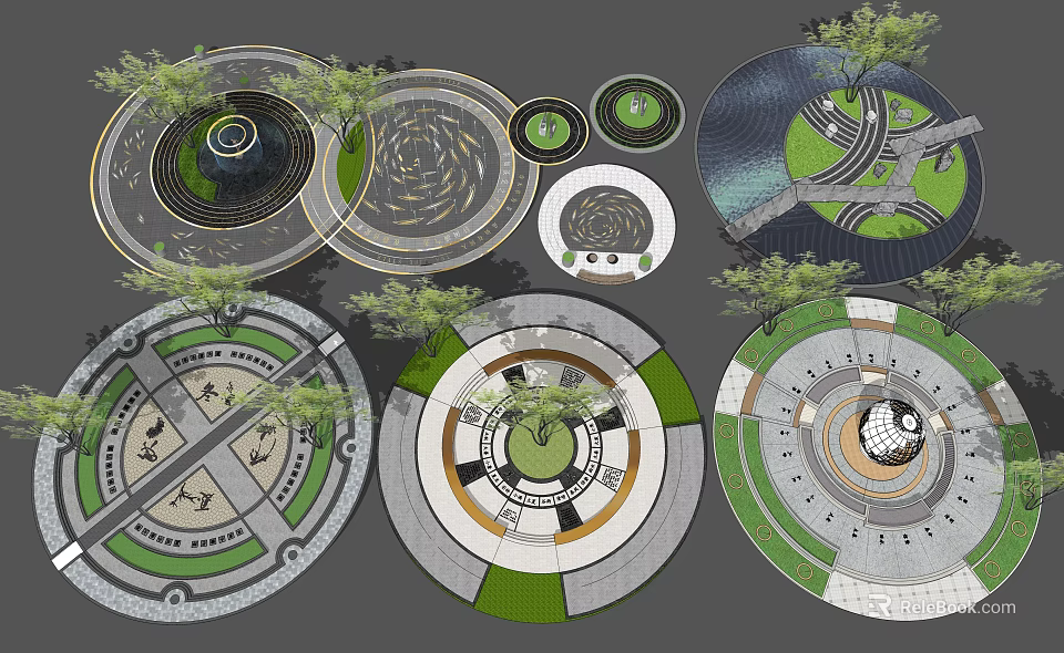 Various Detailed Circular Landscape Design Layouts with Intricate Patterns and Greenery 3d model 