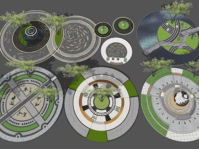Various Detailed Circular Landscape Design Layouts with Intricate Patterns and Greenery 3d model