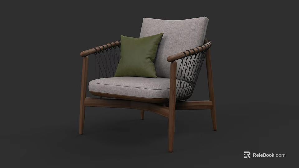 Modern Wooden Frame Accent Chair with Woven Armrests Light Gray Cushion and Green Pillow 3d model 