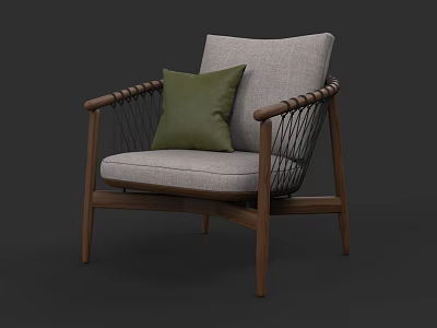 Modern Wooden Frame Accent Chair with Woven Armrests Light Gray Cushion and Green Pillow 3d model